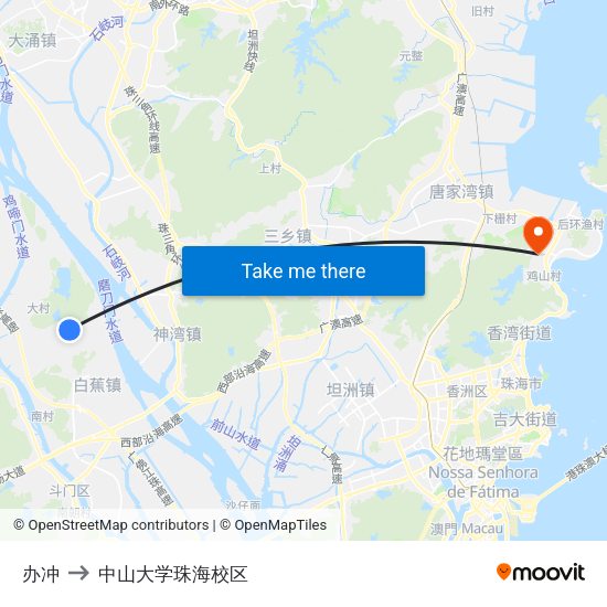 办冲 to 中山大学珠海校区 map