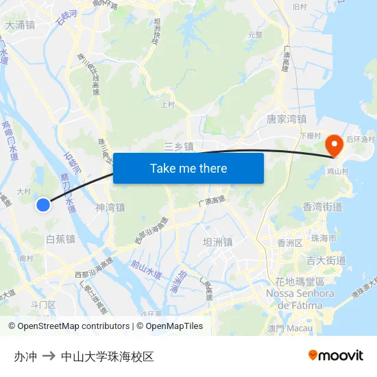办冲 to 中山大学珠海校区 map
