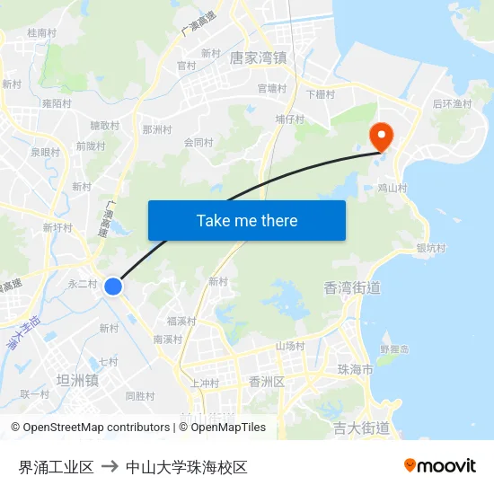 界涌工业区 to 中山大学珠海校区 map