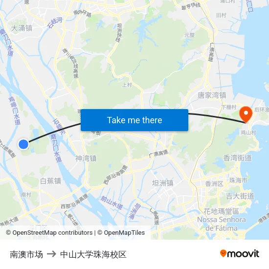 南澳市场 to 中山大学珠海校区 map