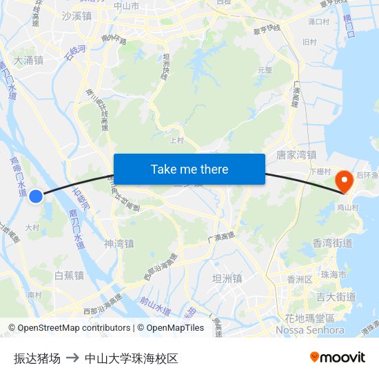 振达猪场 to 中山大学珠海校区 map