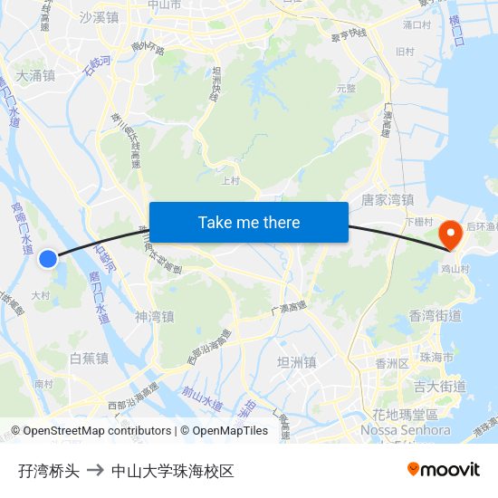 孖湾桥头 to 中山大学珠海校区 map