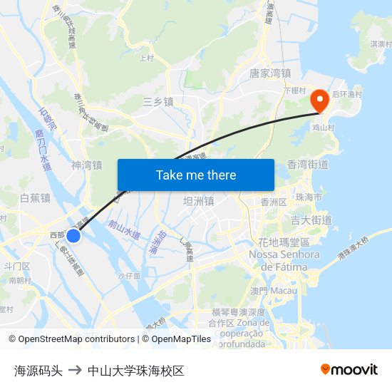 海源码头 to 中山大学珠海校区 map