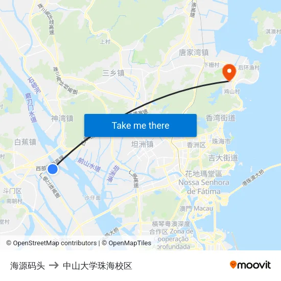 海源码头 to 中山大学珠海校区 map