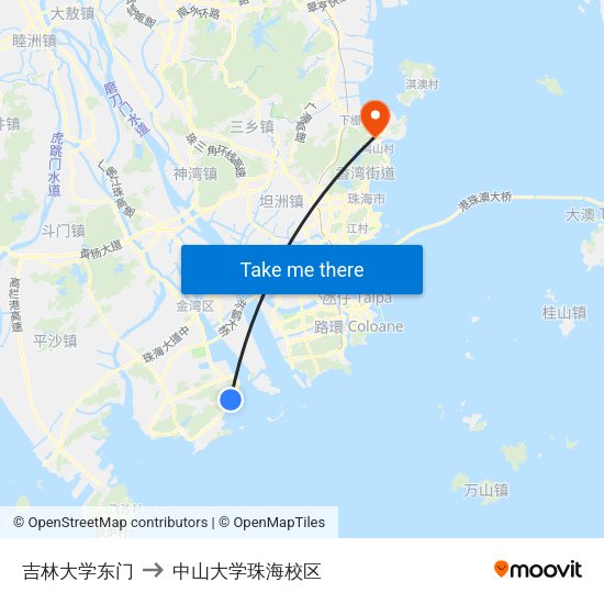 吉林大学东门 to 中山大学珠海校区 map