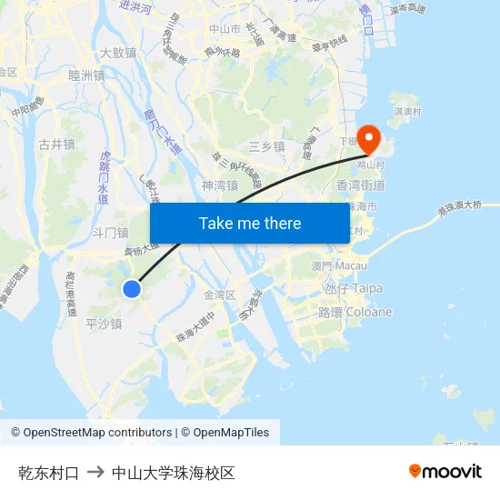 乾东村口 to 中山大学珠海校区 map