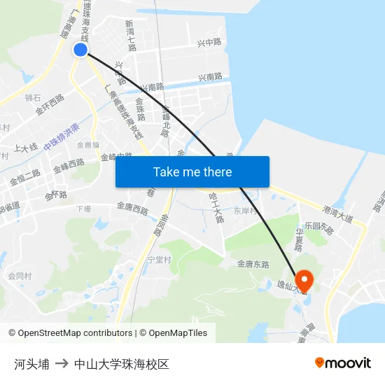 河头埔 to 中山大学珠海校区 map