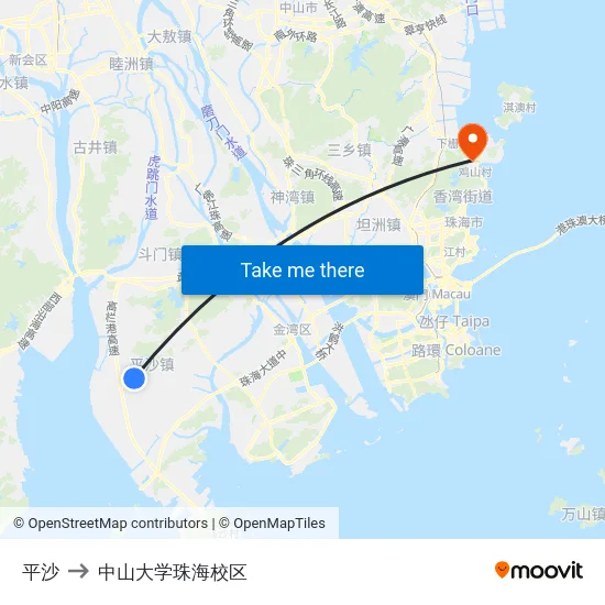 平沙 to 中山大学珠海校区 map