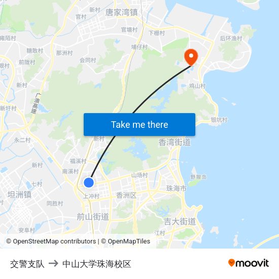 交警支队 to 中山大学珠海校区 map