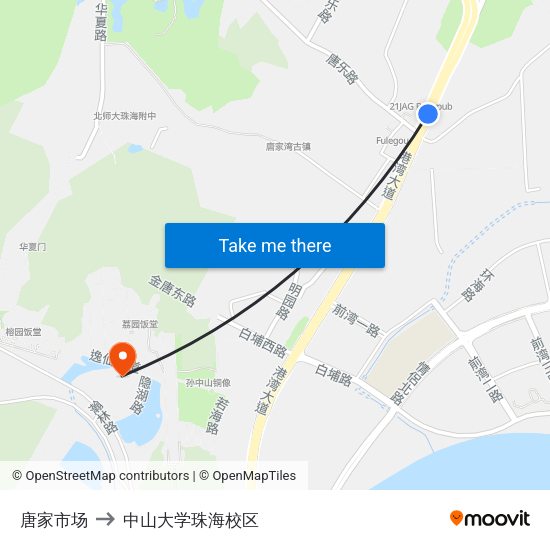 唐家市场 to 中山大学珠海校区 map