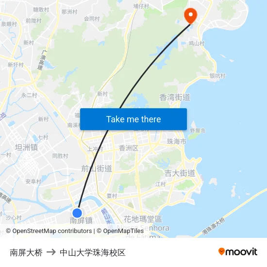 南屏大桥 to 中山大学珠海校区 map