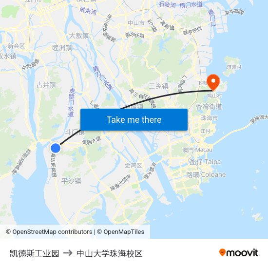 凯德斯工业园 to 中山大学珠海校区 map