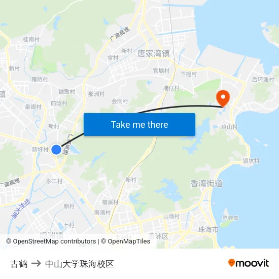古鹤 to 中山大学珠海校区 map