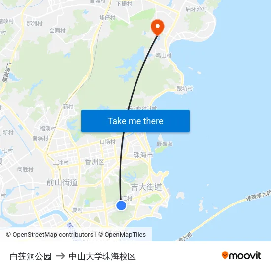 白莲洞公园 to 中山大学珠海校区 map