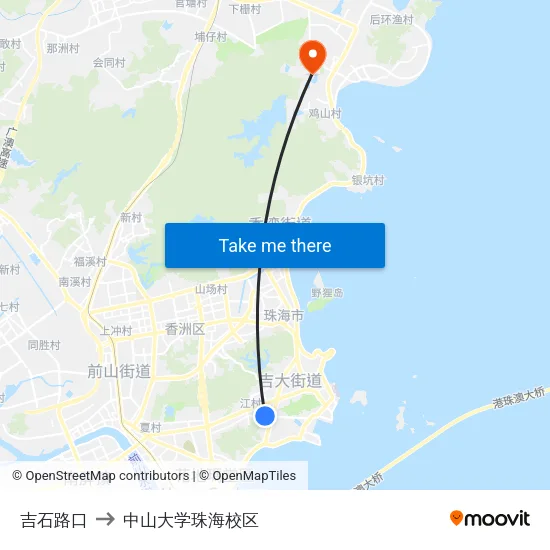 吉石路口 to 中山大学珠海校区 map