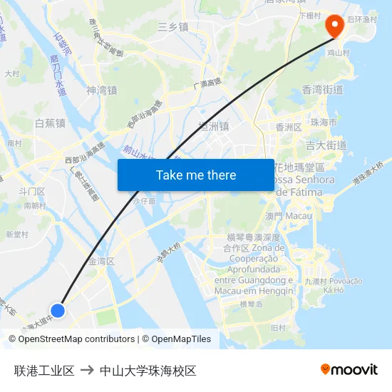 联港工业区 to 中山大学珠海校区 map