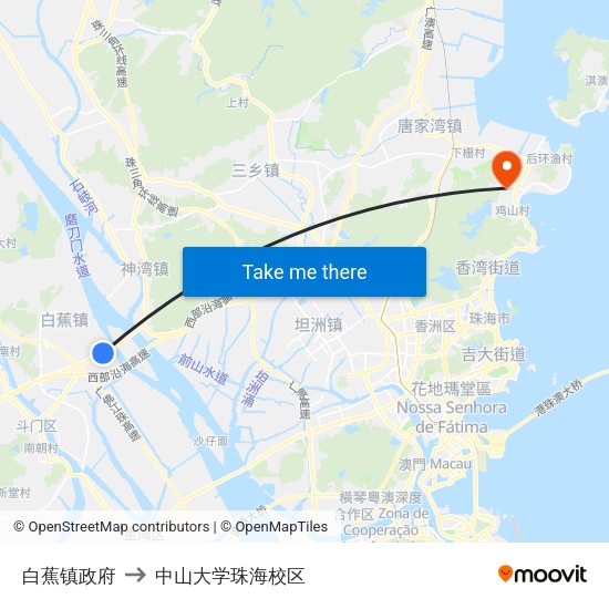 白蕉镇政府 to 中山大学珠海校区 map