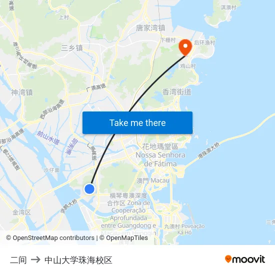 二间 to 中山大学珠海校区 map