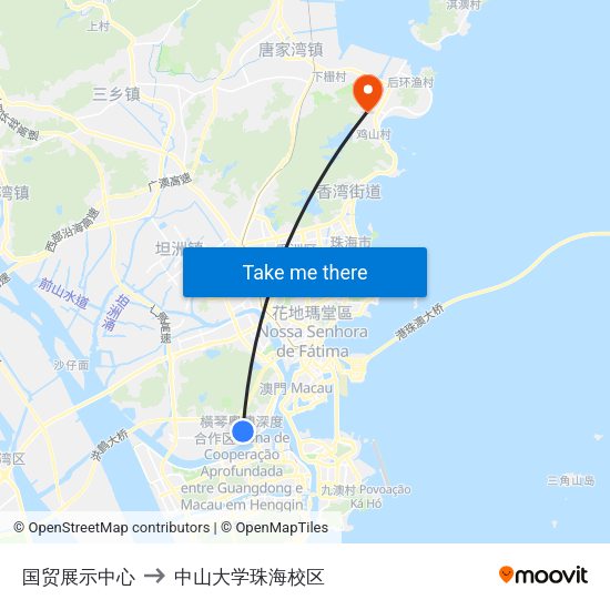 国贸展示中心 to 中山大学珠海校区 map