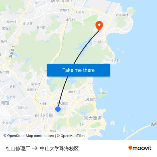 红山修理厂 to 中山大学珠海校区 map