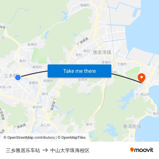 三乡雅居乐车站 to 中山大学珠海校区 map