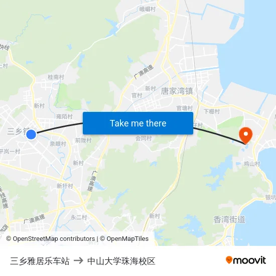三乡雅居乐车站 to 中山大学珠海校区 map