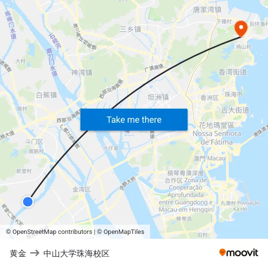 黄金 to 中山大学珠海校区 map