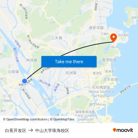 白蕉开发区 to 中山大学珠海校区 map