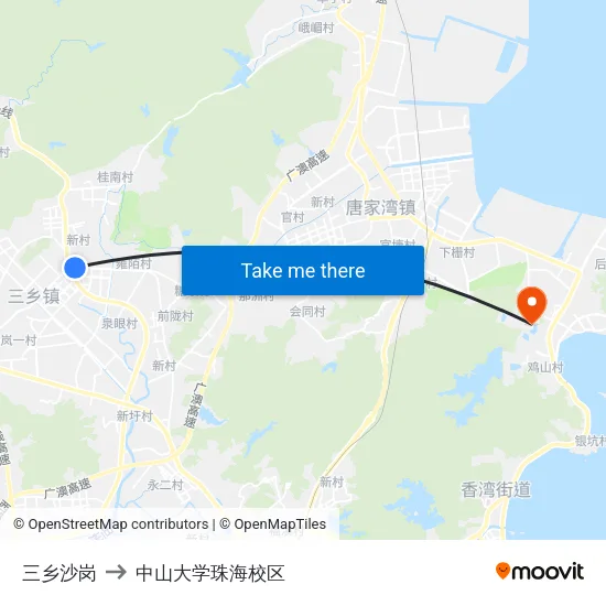 三乡沙岗 to 中山大学珠海校区 map
