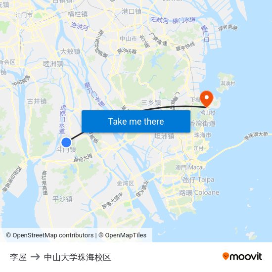 李屋 to 中山大学珠海校区 map