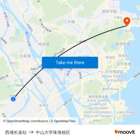 西埔长途站 to 中山大学珠海校区 map
