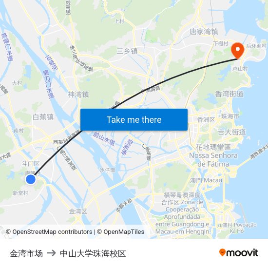 金湾市场 to 中山大学珠海校区 map