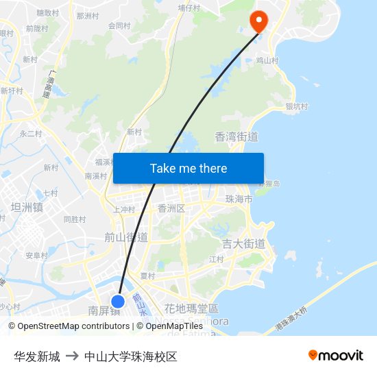 华发新城 to 中山大学珠海校区 map