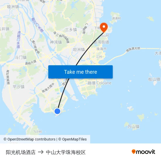 阳光机场酒店 to 中山大学珠海校区 map