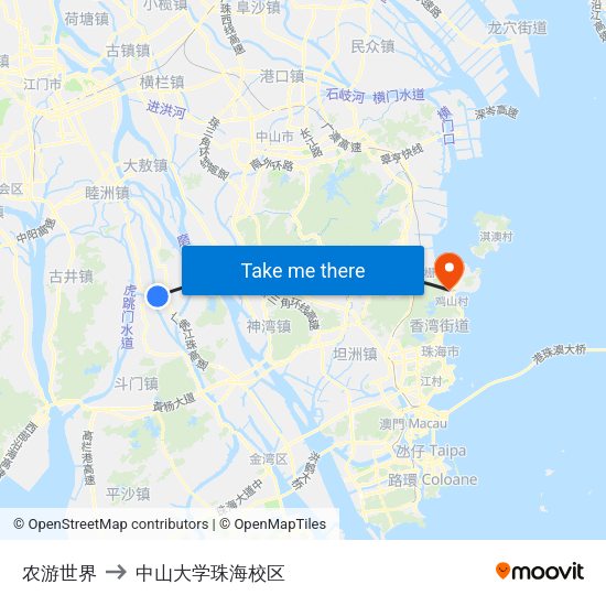 农游世界 to 中山大学珠海校区 map