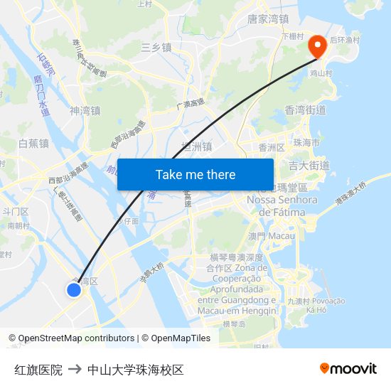 红旗医院 to 中山大学珠海校区 map