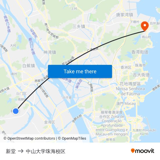 新堂 to 中山大学珠海校区 map
