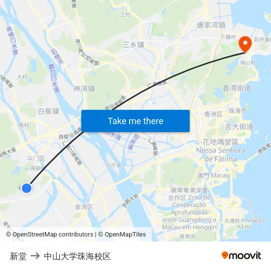 新堂 to 中山大学珠海校区 map
