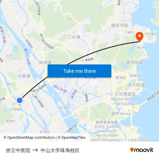 侨立中医院 to 中山大学珠海校区 map