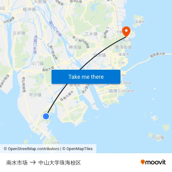 南水市场 to 中山大学珠海校区 map