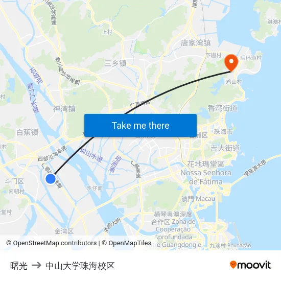 曙光 to 中山大学珠海校区 map