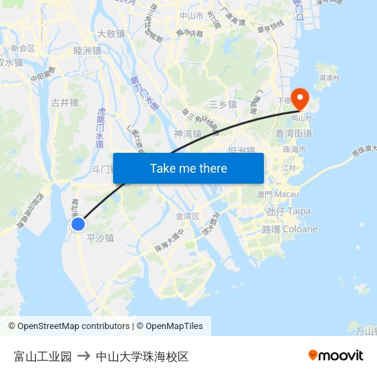 富山工业园 to 中山大学珠海校区 map
