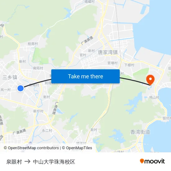 泉眼村 to 中山大学珠海校区 map