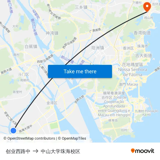 创业西路中 to 中山大学珠海校区 map