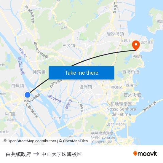 白蕉镇政府 to 中山大学珠海校区 map