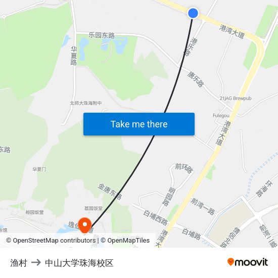 渔村 to 中山大学珠海校区 map