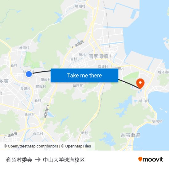 雍陌村委会 to 中山大学珠海校区 map