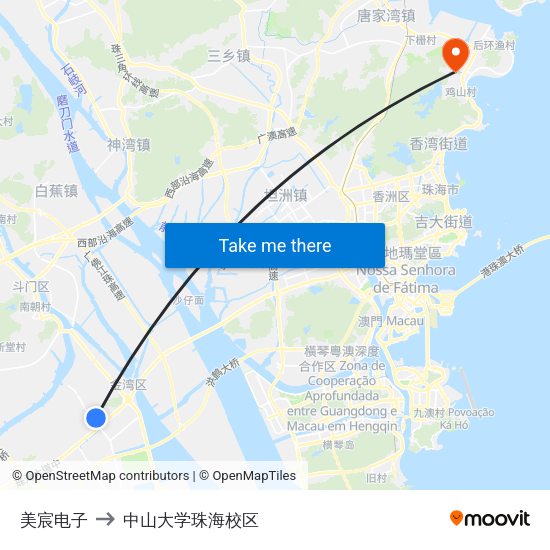 美宸电子 to 中山大学珠海校区 map