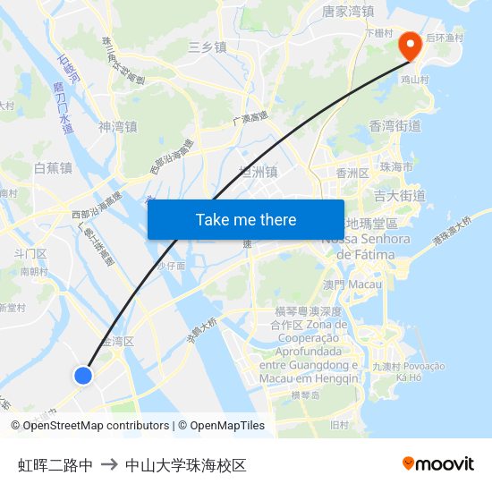 虹晖二路中 to 中山大学珠海校区 map
