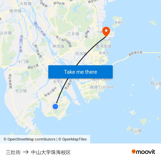 三灶街 to 中山大学珠海校区 map